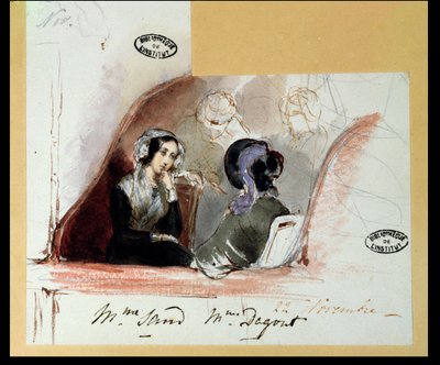 George Sand (1804-76) und Marie de Flavigny (1805-76), Gräfin von Agoult, in der Comédie-Française, 1834 von Auguste Odier